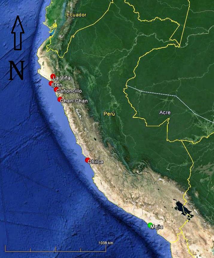 nnmn Figura 2. Mapa que muestra las localidades, en las cuales se ha registrado al Pato Enmascarado (Nomonyx dominicus) en la costa peruana.