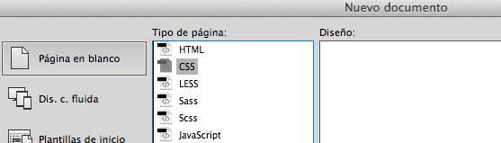 8. Ahora agregaremos las hojas de estilo CSS, necesitamos dirigirnos en Archivo / Nuevo... y seleccionamos el tipo de página CSS. 9.