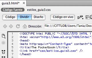 html, con la hoja de estilos CSS, en este caso dentro de la etiqueta <head> aplicaremos el siguiente código: <head> <link href= estilos_guia3.