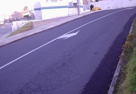 SEÑALIZACIÓN INCORRECTA. La flecha de direccionamiento esta pintada en el centro de la vía, por lo tanto no se la percibe.
