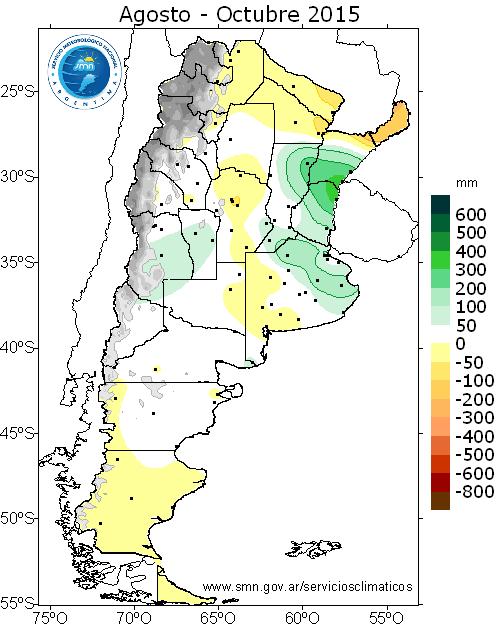 Se observa que en el mes de octubre predominaron anomalías positivas en el centro del país y provincia de Corrientes, mientras que algunas anomalías negativas se registraron en el norte del país y