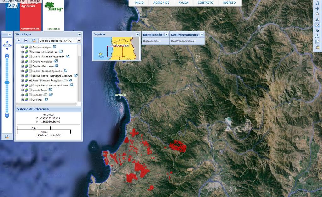 Manual Nuevas Funcionalidades Febrero 2014 / SIT CONAF 26 c) Ver mapa: Permite visualizar la información obtenida sobre un mapa para así complementar los datos