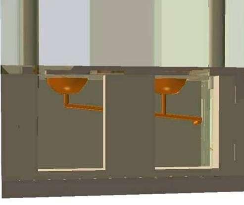 9. El tubo de orina (2 ) debe ser instalado internamente en las cámaras, pegado a la pared del frente.