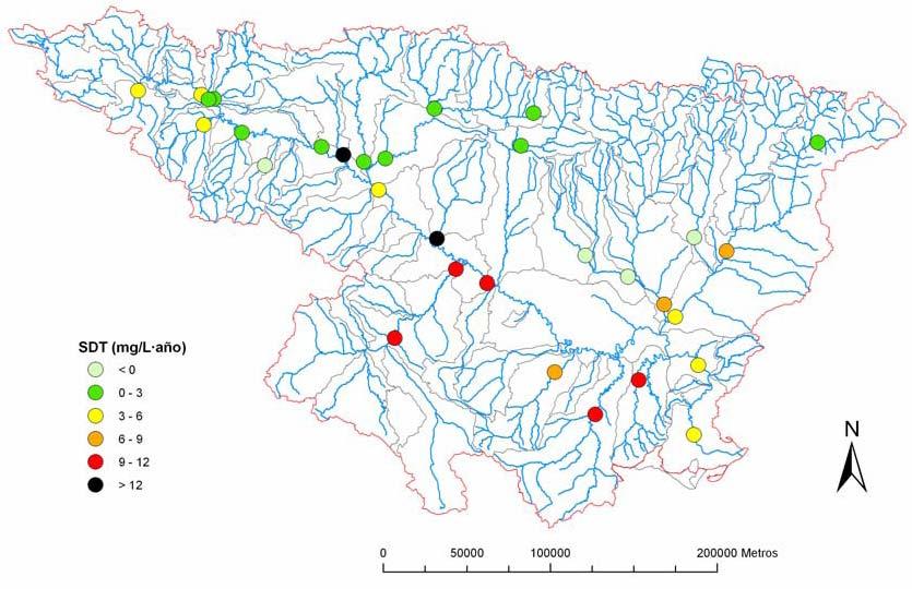 Salinización del río Ebro por flujos de retorno del regadío Salinity increase (TDS) in the Ebro River Basin (1975 2004) TDS = Solidos Totales Disueltos ΔTDS (mg/l) yr 1 Source: CHE CITA (2007)