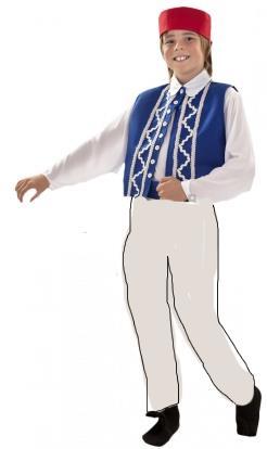 3 C PRIM. GRECIA Camisa blanca manga larga Chaleco de razo color azul rey con aplicaciones en zigzag en listón de 1 cm.