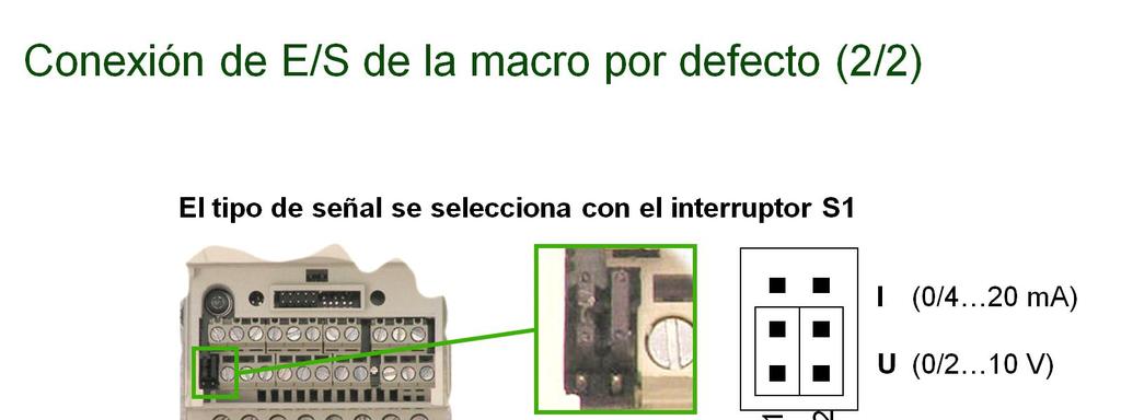 El interruptor S1 selecciona tensión o intensidad como el tipo de señal para entradas analógicas.