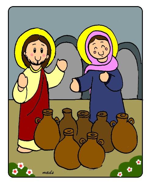 Un día Jesús y María fueron invitados a una boda en Caná, donde se casaban unos amigos. La Virgen María se dio cuenta que se había acabado el vino y le contó a su Hijo.