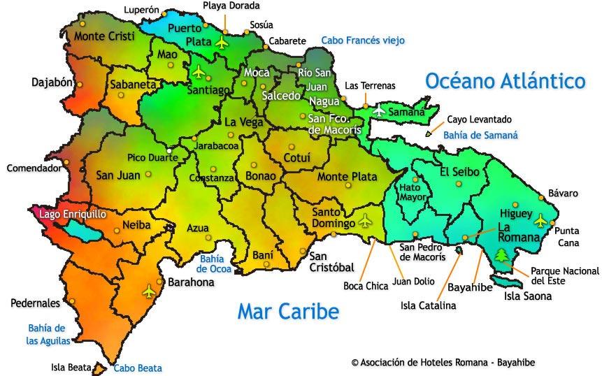 RD: Datos generales Territorio: 64% de La Española (48,671 km2) Clima: Tropical: Húmedo,caluroso Densidad: 197 h/km 2 (15 en Pedernales y 10,538 en SD)* División política: