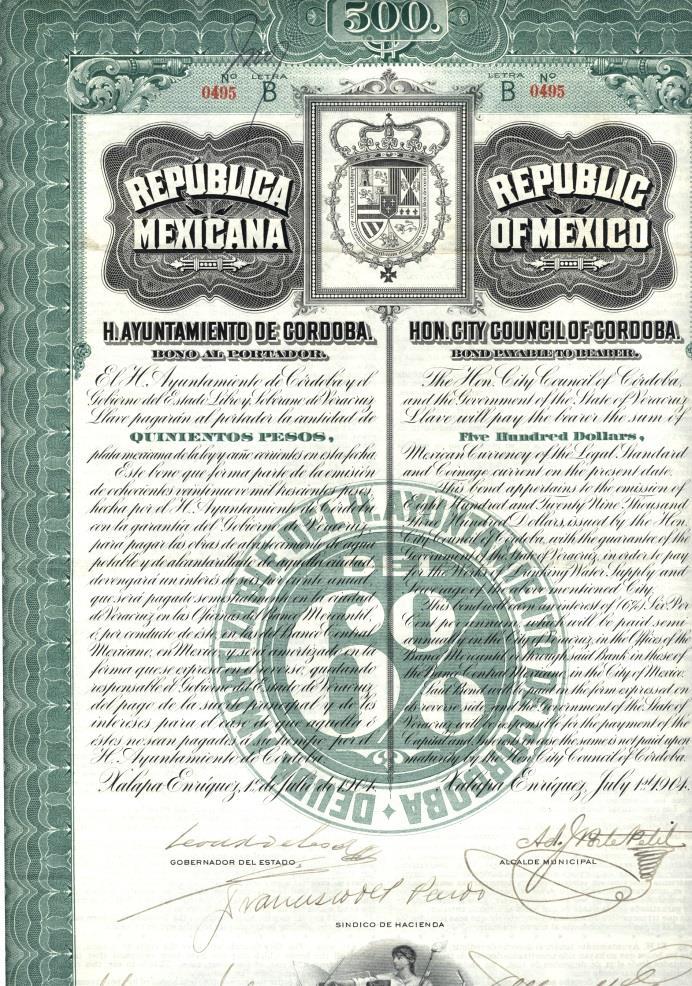 371. 25 Pesos, Convención Española, Bono del Tesoro. Julio 5, 1854. México; reparado con diurex en el reverso. F 800.00 367. 500 Pesos, H.