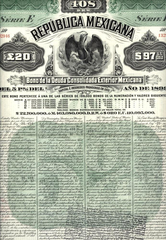 4 Idiomas: español, alemán, inglés y francés. EF 2800.00 373. 18 Pesos, República Mexicana, Bono. 1860; rotura en la esquina superior izquierda. EF 1800.