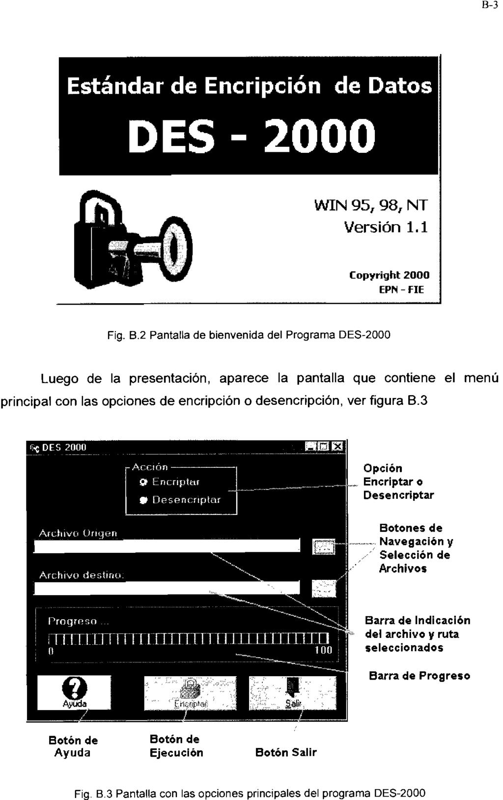 B-3 Estándar de Encripción de Datos DES - 2000 WIN 95, 98, NT Versión 1.1 Copyright 2000 EPIN - FIE Fig. B.