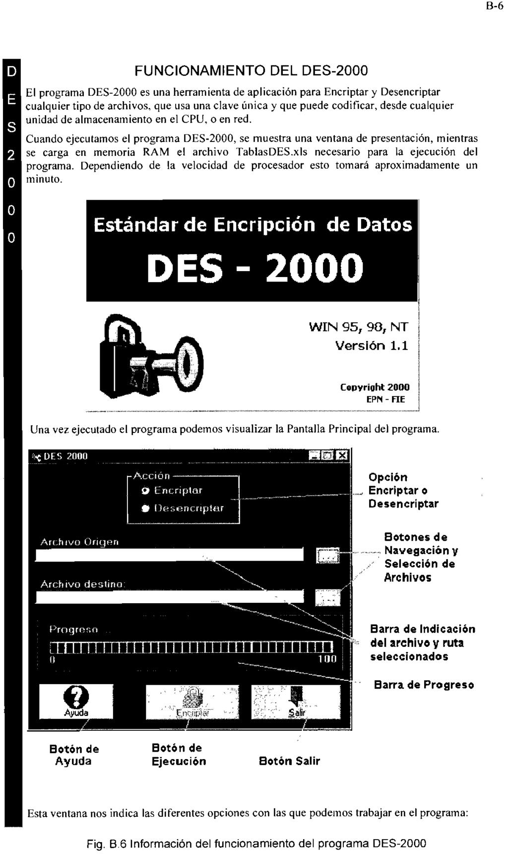 B-6 FUNCIONAMIENTO DEL DES-2000 El programa DES-2000 es una herramienta de aplicación para Encriptar y Desencriptar cualquier tipo de archivos, que usa una clave única y que puede codificar, desde
