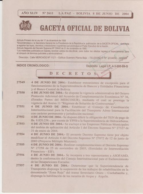 CREACIÓN DEL CONCIFAL Promulgación Decreto Supremo N 27551, de fecha 04 de junio de 2004, establecimiento