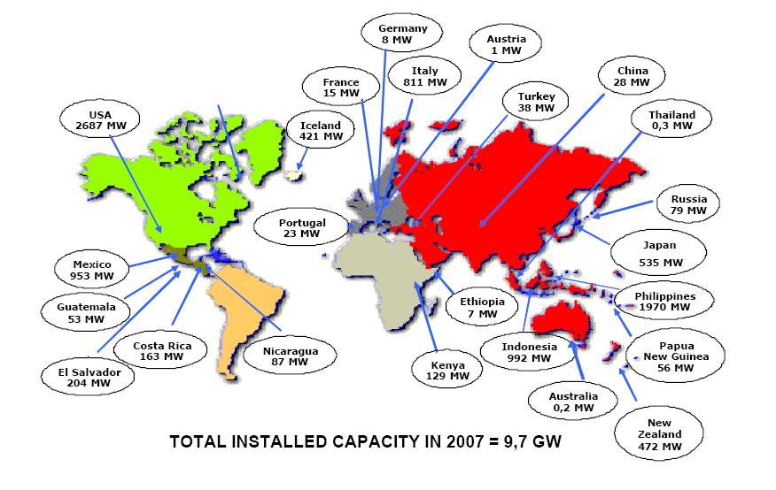 CAPACIDAD TOTAL GEOTERMOELÉCTRICA INSTALADA USA 2687 MW Francia 15 MW W Islandia 421 MW Alemania 8 MW Italia 811 MW Austria 1 MW Turquía 38 MW China 28 MW Tailandia 0.