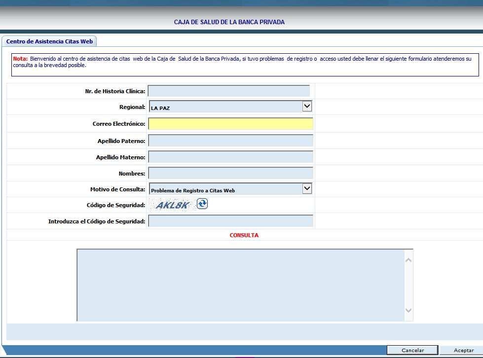 Al acceder a la opción visualizará en su pantalla la interfaz de centro de asistencia Citas Web, donde podrá registrar