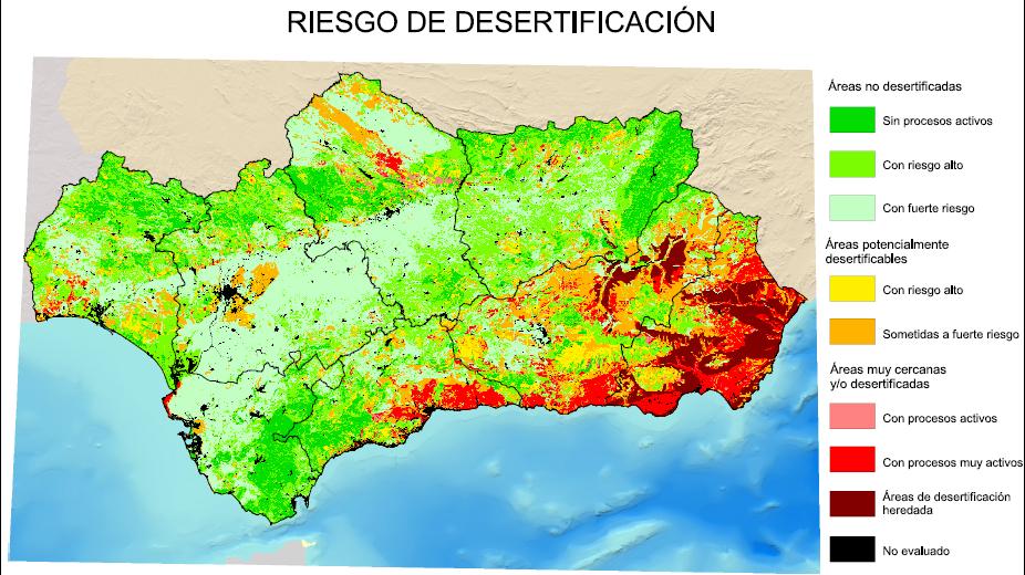 EFECTOS DEL CAMBIO CLIMATICO Efectos Recursos edáficos Riesgo de desertificación en Andalucía En la zona más amenazada por el avance de las áreas desérticas de Almería (provincia de Granada, sur de