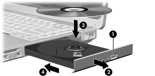 Multimedia Procedimientos de CD y DVD Inserción de un Disco Óptico 1. Encienda la computadora. 2. Presione el botón de liberación 1 en el panel frontal para liberar la bandeja para medios. 3.