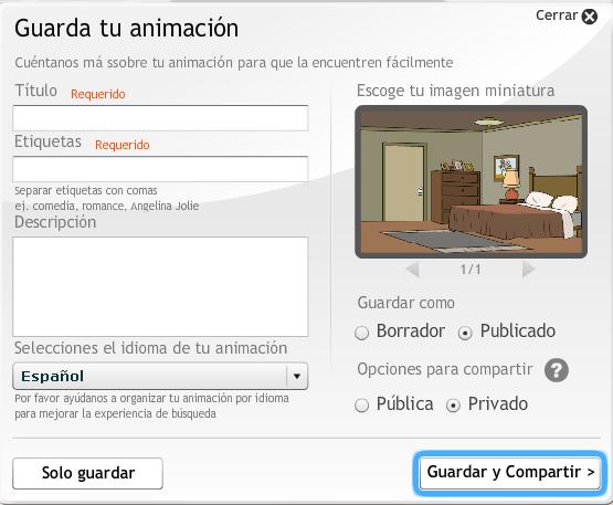 Título de la animación Tags, palabras separados por comas para que la animación pueda ser localizada por internet.