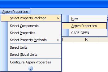 Ubicando el selector en la casilla A1 seleccionar AspenProperties en la barra de menú, Selec Properties Package y AspenPropeties.
