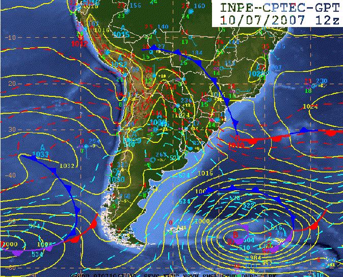 Figura 8 - frentre frío llegando a Brasil, luego de las nevadas atípicas en Argentina e Uruguay. Observese el centro frío linea punteada del nivel 500 con un valor de 5280 mgp.