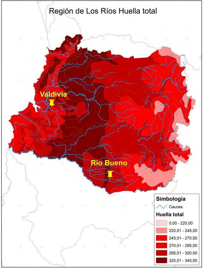 El valor promedio de las huellas hídricas estimadas para las Regiones de Los Lagos y de Los Ríos es menor que los resultados reportados para otros países como China, India, Países Bajos y USA