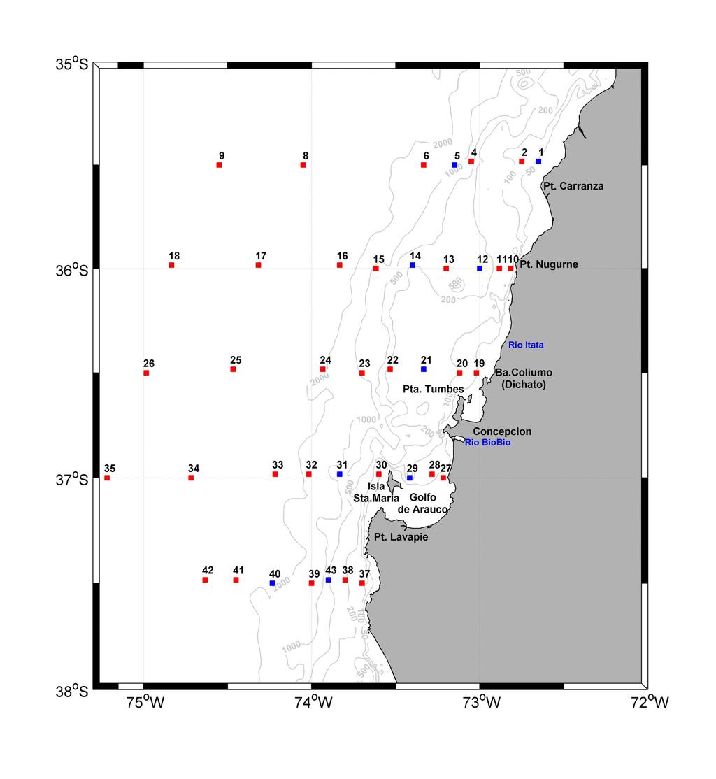 Figura 2. Distribución geográfica de las estaciones realizadas durante el crucero de monitoreo bio-oceanográfico a bordo del AGOR Vidal Gormáz, entre el 5 y 13 de Enero de 29.