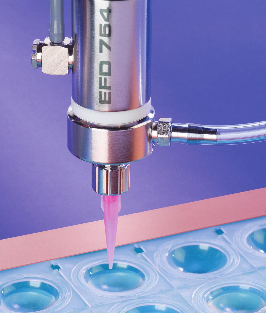 Aplicaciones asépticas Las válvulas asépticas de Nordson EFD han sido diseñadas para controlar con precisión la aplicación de la mayoría de los fluidos de baja a media viscosidad utilizados en