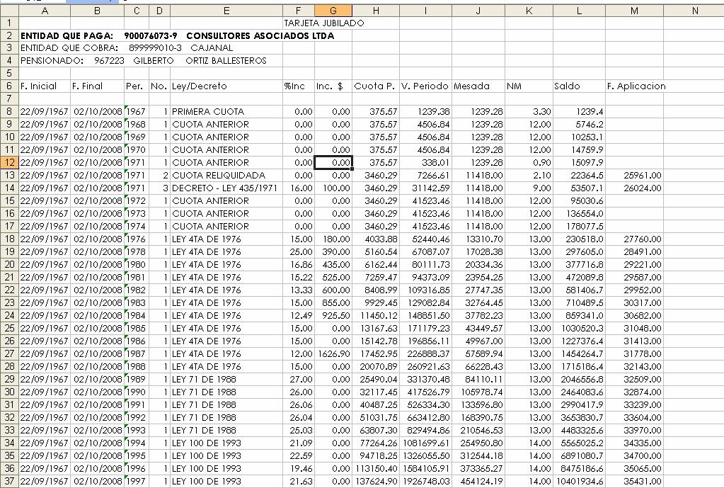 Pantalla de reporte de Tarjeta de Jubilado El reporte de liquidación de la cuota parte es generado en Excel y se ve de manera