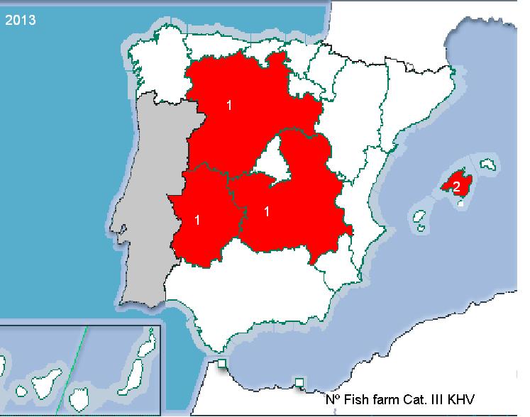 Herpes Virus de la Carpa Koi (KHV) En la actualidad en todo el territorio existen 4 piscifactorías con especies sensibles a esta enfermedad, 1 en Castilla y León, 1 en Extremadura y 2 en Baleares,