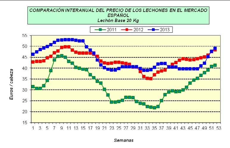 Precios El precio medio del lechón en el año 2013 en el mercado español ha sido de 44,35 /unidad, superior casi en un 2% al de 2012.