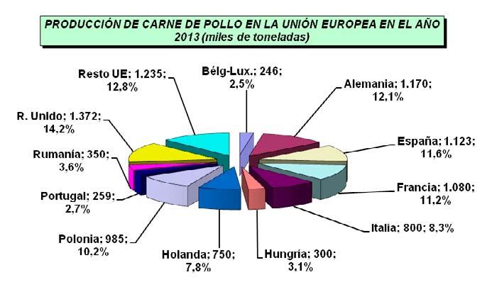 cho censo son Polonia (15,2%), Francia (14,6%), Reino Unido (13,5%), Holanda (11,3%), España (10,5%), Italia (7,6%) y Alemania (6,5%). La producción de carne de pollo en el año 2013 se estima en 9.