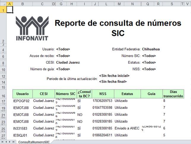 Reporte Excel- consulta números SIC El sistema genera el reporte de consulta de los números SIC en Excel, mostrando los filtros seleccionados y como resultado los siguientes datos: Usuario.