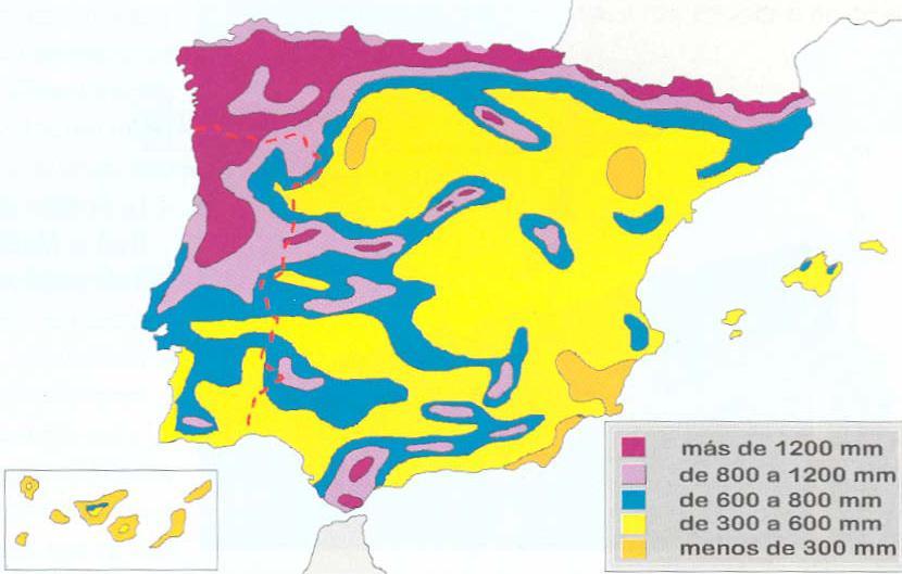 Práctica 4 El mapa representa la distribución de precipitaciones medias anuales en España.