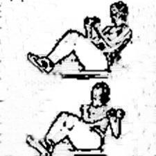 2.4 -ABDOMINALES CON GIRO ARRIBA: tumbado boca arriba con los pies apoyados en el suelo formando las rodillas un ángulo de 45º, desde esa posición se realizan elevaciones del pecho