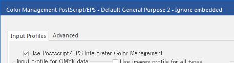 Imprimir utilizando tinta fluorescente Para archivos EPS 1 En la pestaña [Input Profiles], marque la casilla de verificación [Use Postscript/EPS Interpreter Color Management].