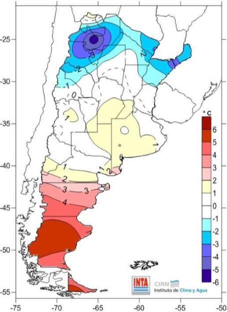 mes en la región Patagónica, con valores destacados en su extremo sur que resultaron superiores a los 5 C con respecto a lo normal.