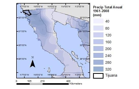 mm Gráfica 6: Precipitación total anual en Baja California, 1961-2008 350 300 250 200 150 100 50 y = -0.3622x + 166.