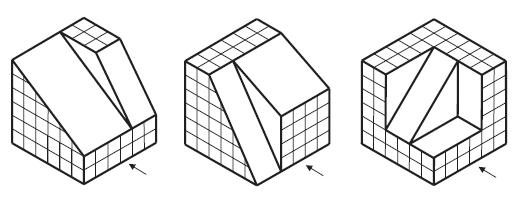 a) b) c) 7- Dibuixa l alçat, planta i perfil esquerre de les següents figures. Utilitza paper quadriculat.