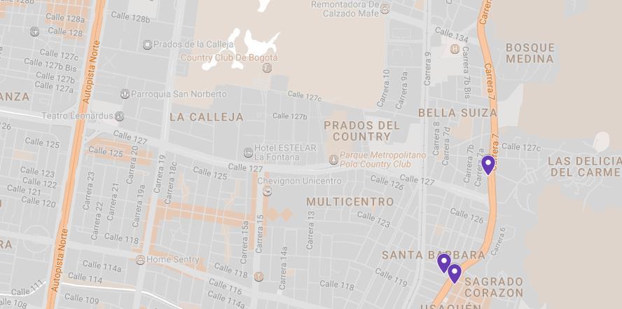 Como se puede ver en el mapa los proyectos A+ en su mayoría se localizan en la carrera 7, donde se concentra el mayor número de oficinas es en la zona de Santa Bárbara.