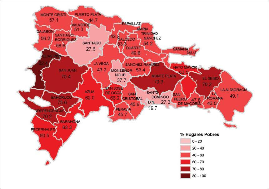 Porcentaje de Hogares pobres en la República Dominicana. Año 2002. Fuente: Focalización de la Pobreza en República Dominicana 2005 El 70.