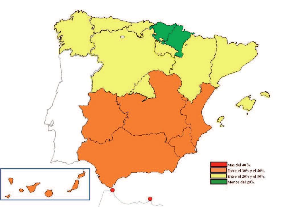 ANUARIO 2014 FUNDACIóN 1º DE MAyO 21 Gráfico 5.Tasa de riesgo de pobreza y exclusión social en España, 2012 (en %). Fuente: Encuesta de condiciones de vida, INE.