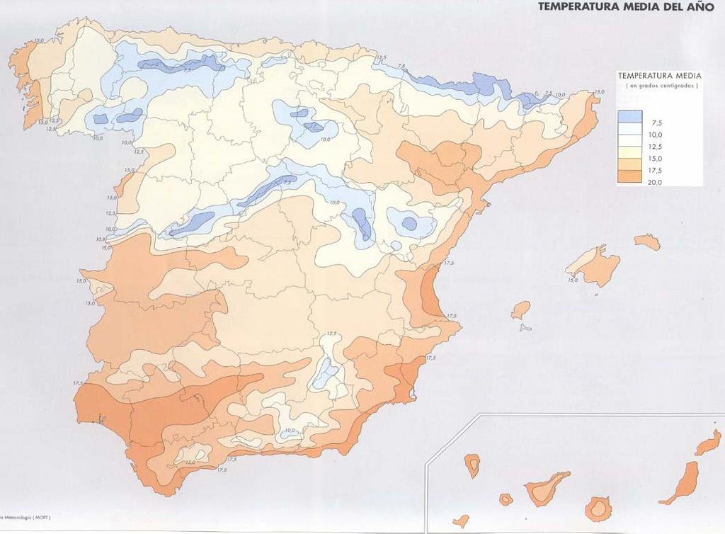 ACTIVIDAD 5. El mapa muestra la insolación peninsular e insular en España.