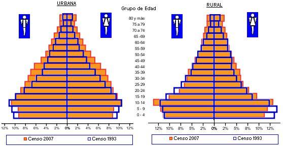 La pirámide de población urbana y rural presenta información sobre varias generaciones y los cambios en la estructura de la población por sexo y edad debido a los patrones históricos de fecundidad y