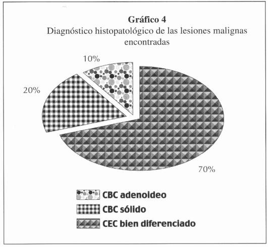 carcinoma espino celular bien diferenciado 7 casos (70%), carcinoma basocelular sólido 2 casos (20%) y carcinoma basocelular adenoideo 1 caso (10%) (Gráfico 4).