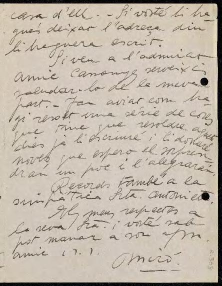 Carta de Joan Miró a Josep