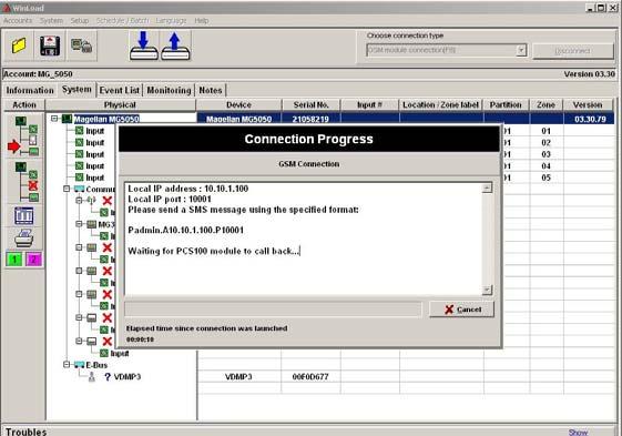La ventana de progreso de la conexión aparece en la pantalla mostrando el mensaje de texto SMS que será enviado al módulo PCS100.