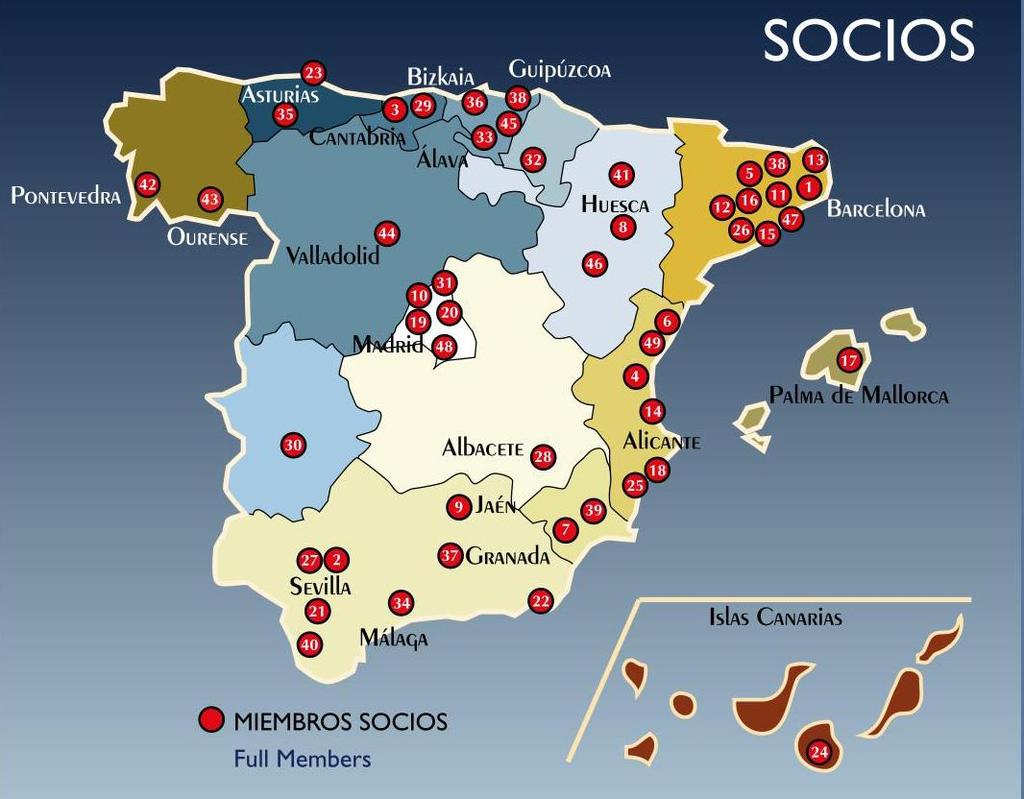 5 En la actualidad, los parques Socios de son 49, es decir el 61,25%, y los parques Afiliados suman 31, el 28,75%. Estos parques están presentes en todas las Comunidades Autónomas españolas.
