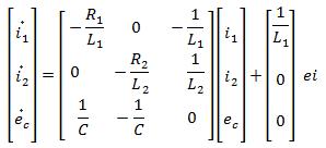 3. C de c dt = i 1 i 2 Variables de estado: i 1, i 2, i 3, despejando: 1. di1 dt = R 1 L 1 i 1 + ei L 1 e c L 1 2.