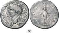 Livia sentada, sosteniendo cetro y flor. 6,94 grs. BC+. Est. 1.300.............................. 900, 35 s/d. Calígula y Germánico. Denario. (Co. 2) (RIC. 20). Anv.: C. CAESAR AVG. GERM. P. M. TR.