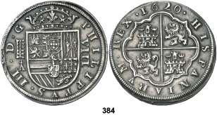384 1620. Segovia.. 8 reales. (Cal. 161). 5 flores de lis. Pátina de monetario. Buen ejemplar. Rara. MBC+. Est. 1.000....................................... 600, 385 (1605-1611). Granada. M. 2 escudos.